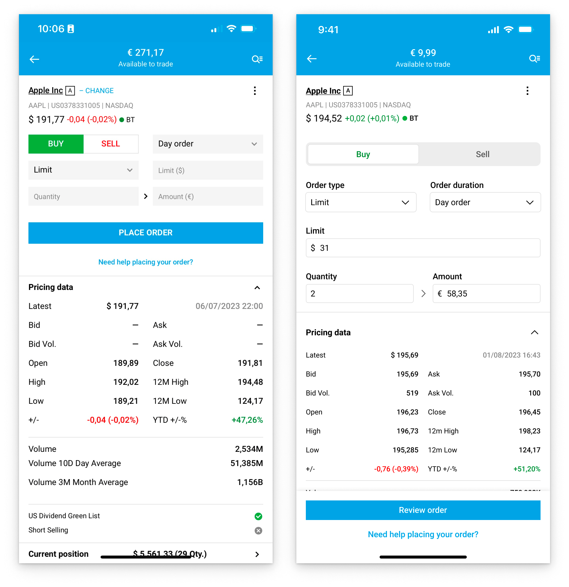 Order panel before and after the redesign